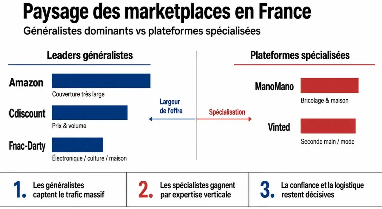 Infographie comparative des principales marketplaces en France pour les vendeurs et acheteurs