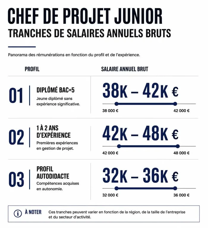 Infographie des salaires annuels bruts d'un chef de projet junior en France selon le niveau d'expérience