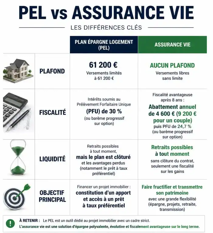 Infographie comparative PEL vs Assurance Vie : différences de fiscalité, plafond et liquidité pour bien choisir son placement.