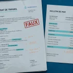 faux contrat de travail sur bureau avec loupe et tampon rouge
