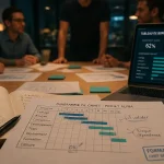 Formation chef de projet : table, carnet et Gantt, ordinateur projet, réunion