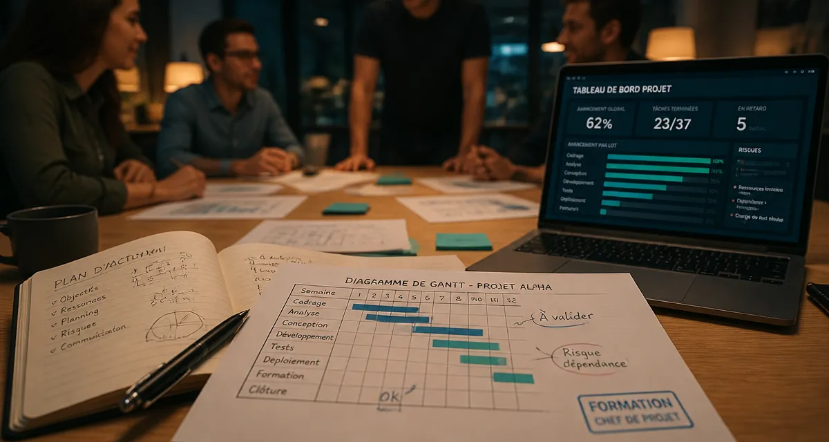 Formation chef de projet : table, carnet et Gantt, ordinateur projet, réunion