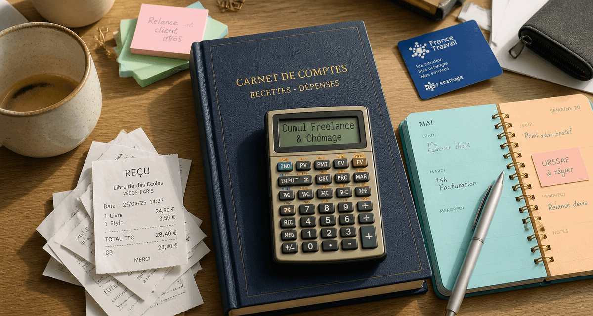 bureau freelance et chomage avec carnet et calculatrice