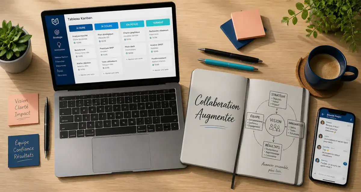 outils collaboratif sur bureau moderne vue du dessus