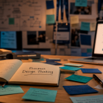 Processus design thinking : table avec post-its et carnet