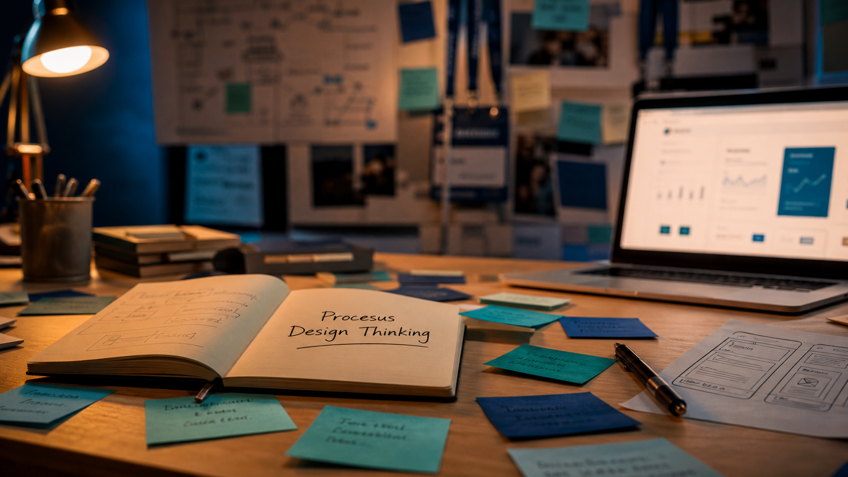 Processus design thinking : table avec post-its et carnet