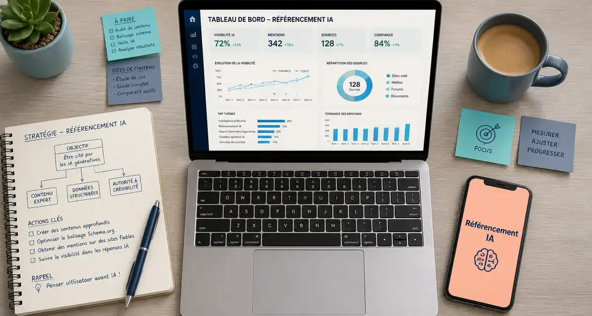 Référencement IA sur bureau avec graphique et carnet