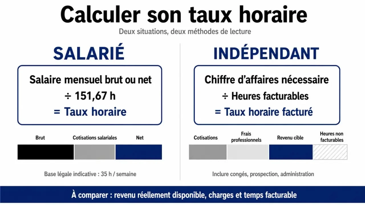 Comment calculer son taux horaire : comparaison visuelle entre salarié et indépendant