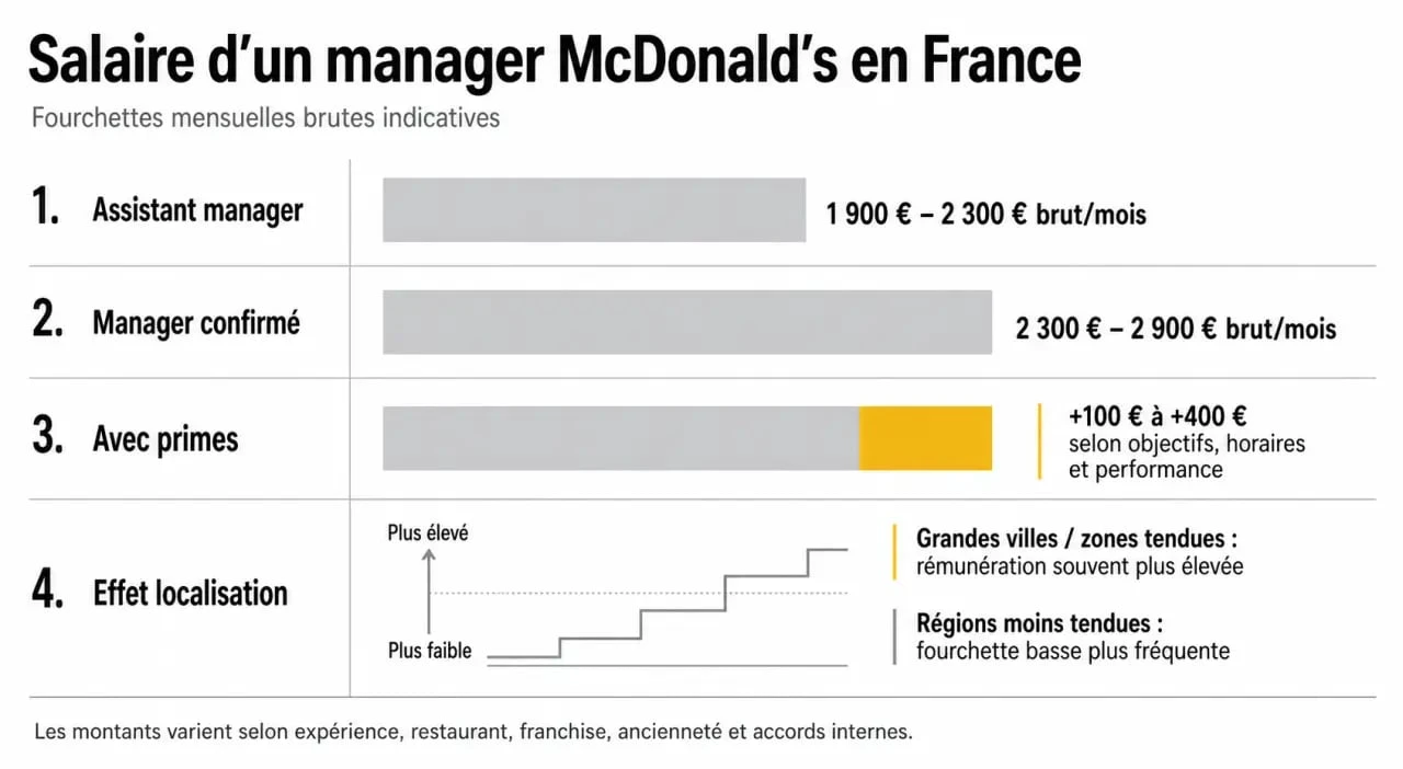 Salaire mcdo manager : infographie comparative des fourchettes de rémunération et des facteurs de variation en France