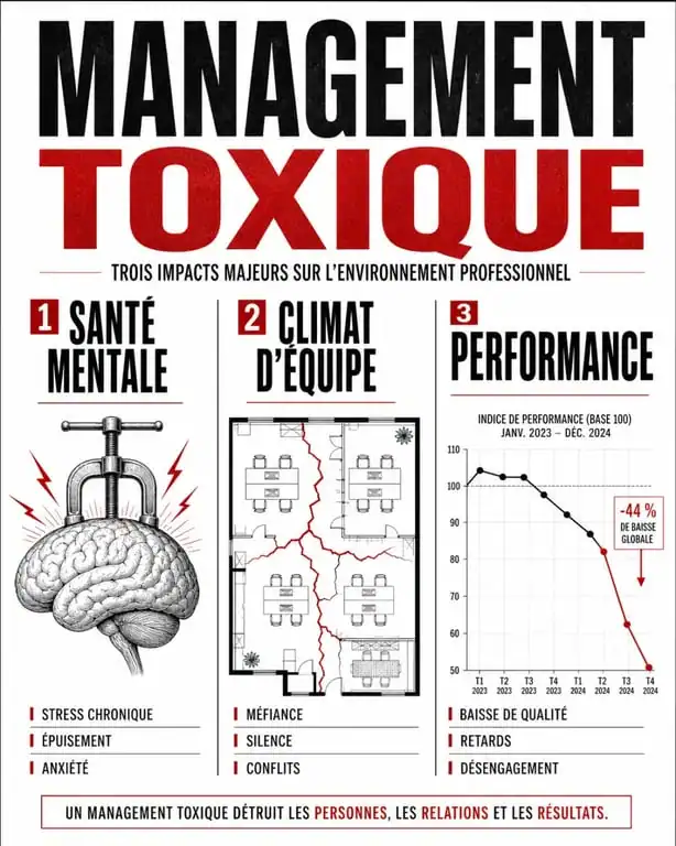 Infographie des impacts du management toxique sur la santé mentale, le climat d'équipe et la performance en entreprise