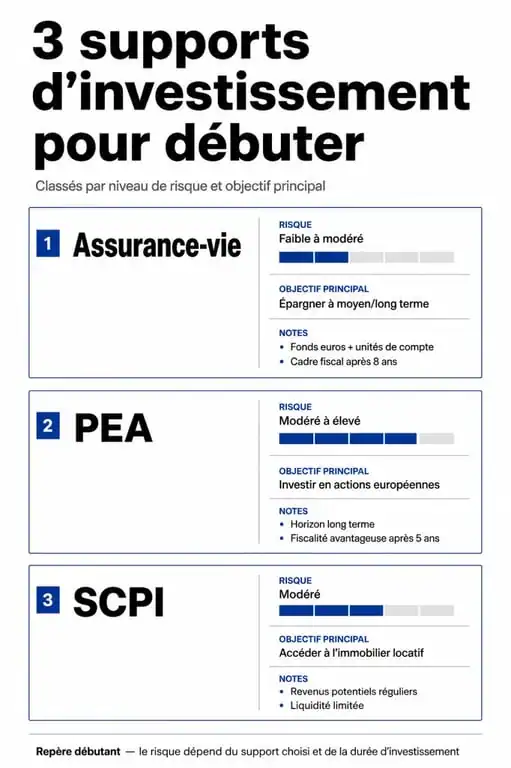 Infographie comparative des supports d'investissement pour les nuls : Assurance-vie, PEA et SCPI
