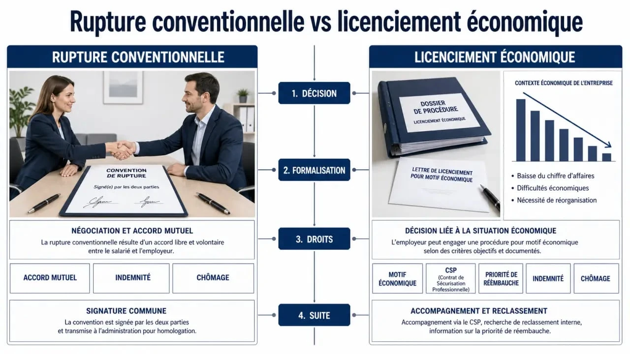 Différence entre rupture conventionnelle et licenciement économique : illustration comparative éditoriale
