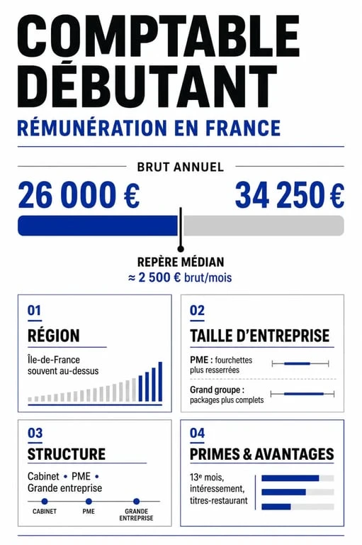 Infographie sur le comptable salaire débutant en France avec fourchettes brut annuel et mensuel