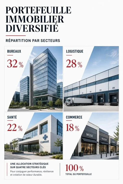Infographie illustrant la diversification d'un portefeuille SCPI par secteur immobilier pour un avis sur SCPI éclairé