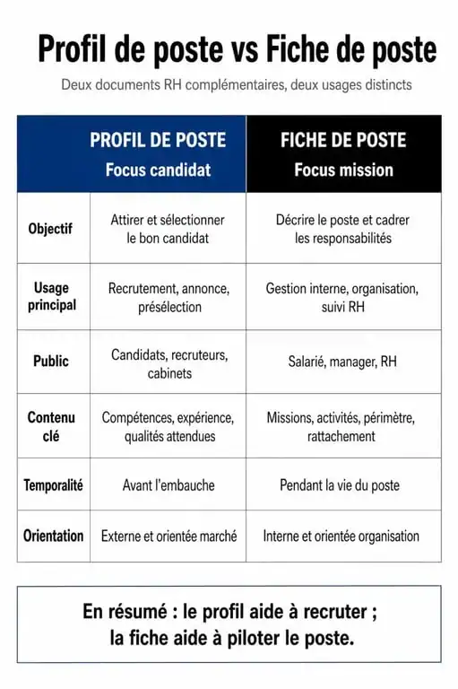 Infographie comparative entre profil de poste et fiche de poste pour le recrutement et la gestion RH