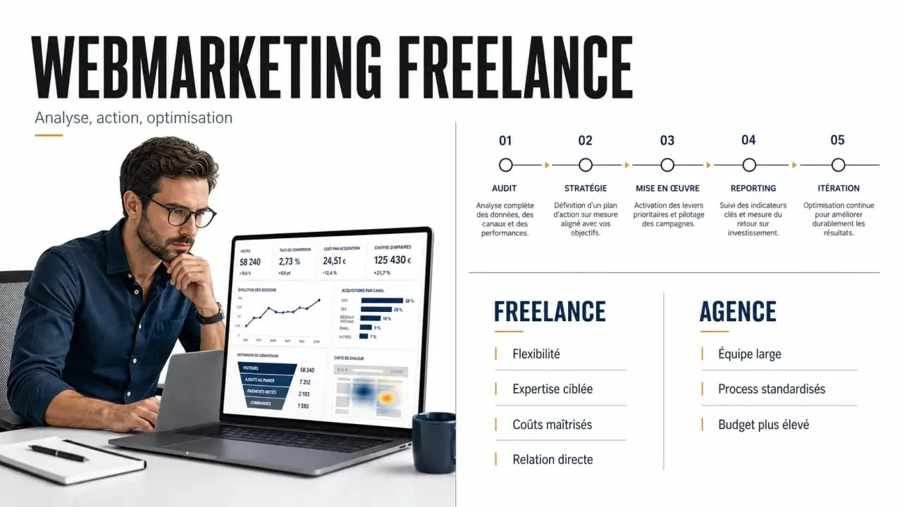 Webmarketing freelance : illustration éditoriale d’un consultant analysant des tableaux de bord marketing et une mission digitale