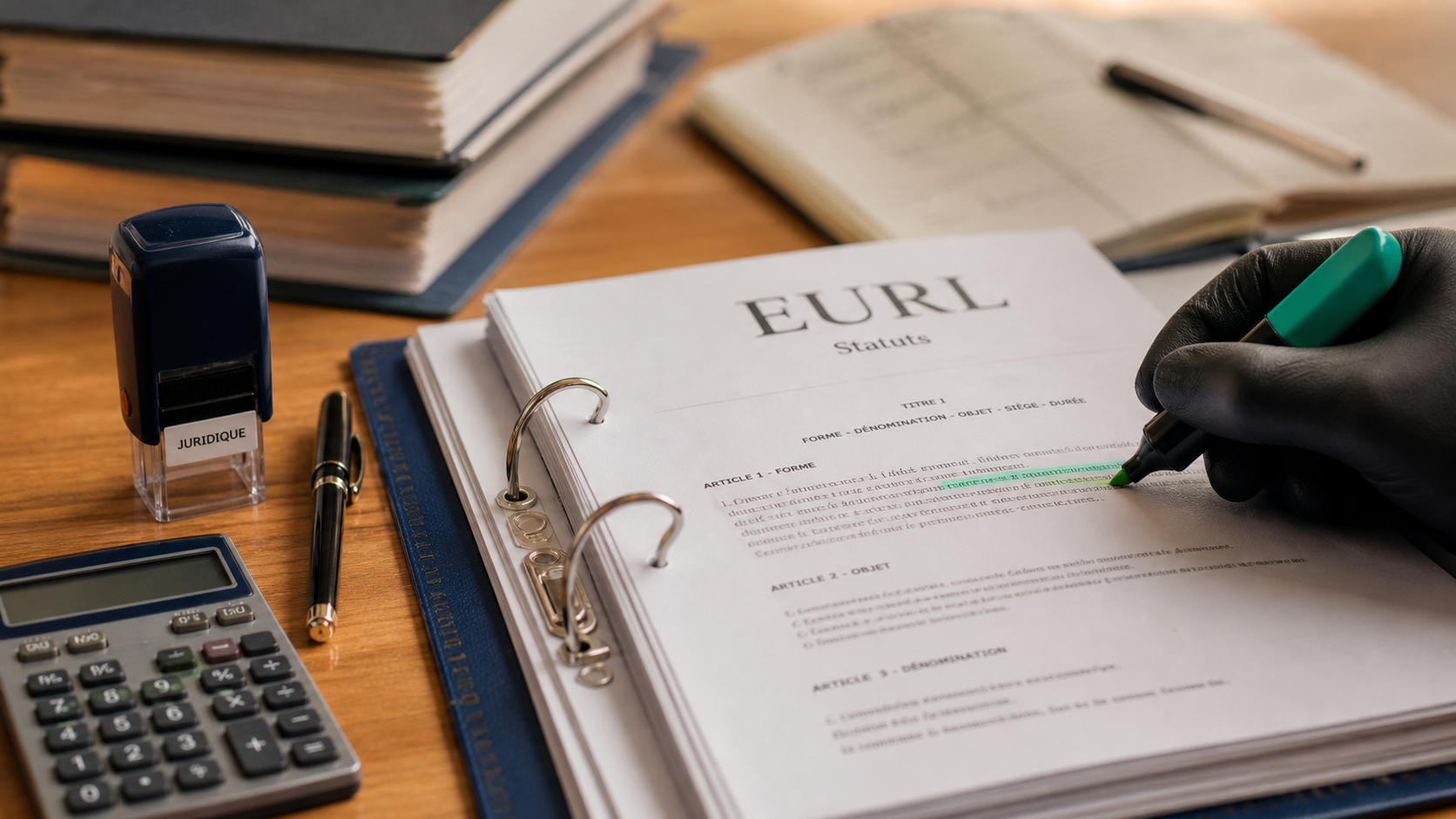 EURL statut : dossier de statuts sur table