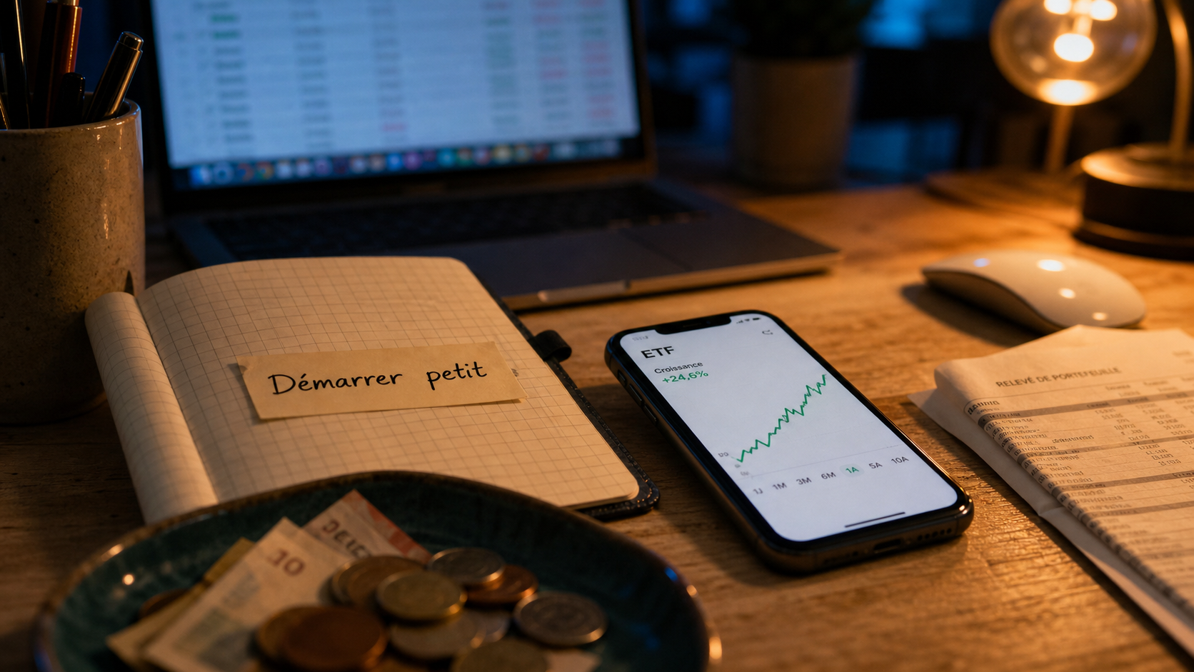 Investir en bourse petit budget : ticket ETF, carnet et graphique d’ETF