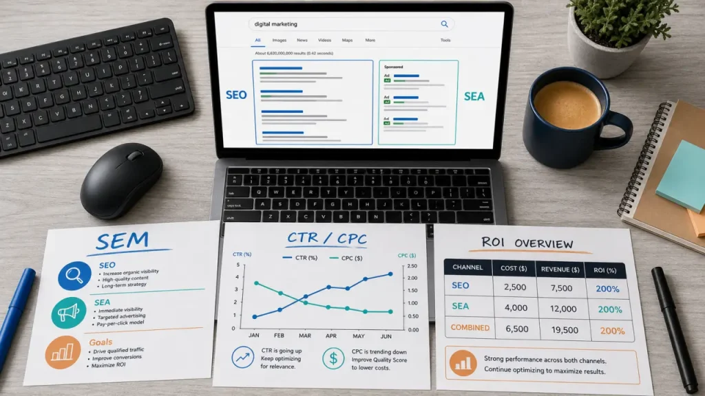 Search engine marketing : SEO durable et SEA immédiat (SERP)