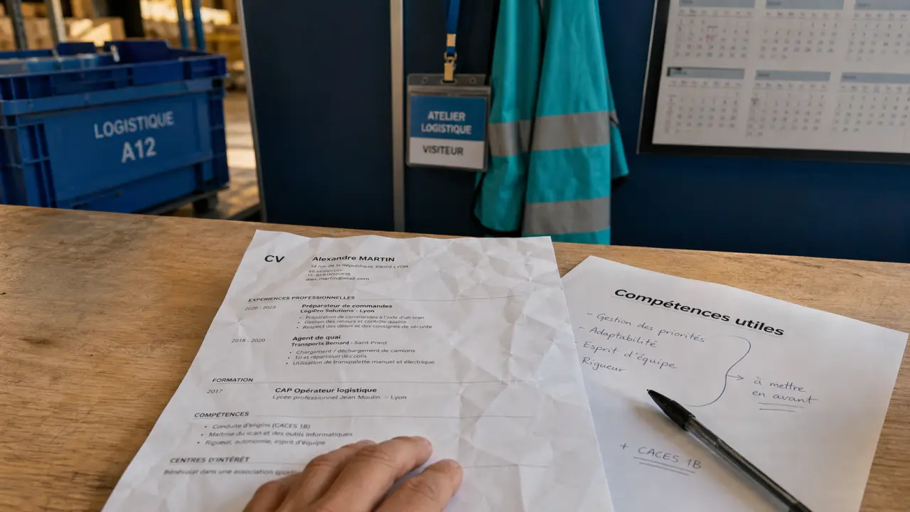 Trouver un travail sans diplome : CV et compétences sur comptoir, main qui couvre le papier