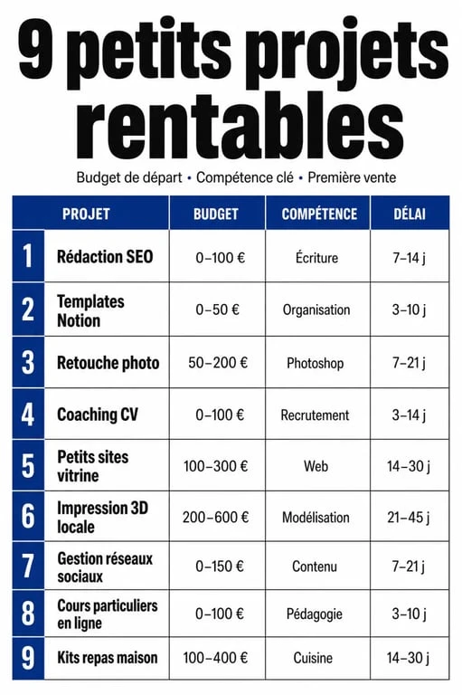 Idée de petit projet rentable : comparaison visuelle des budgets, compétences et délais de 9 projets