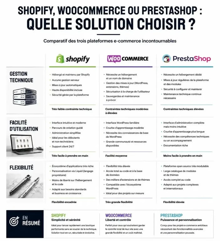 Comparatif des plateformes e-commerce Shopify, WooCommerce et PrestaShop