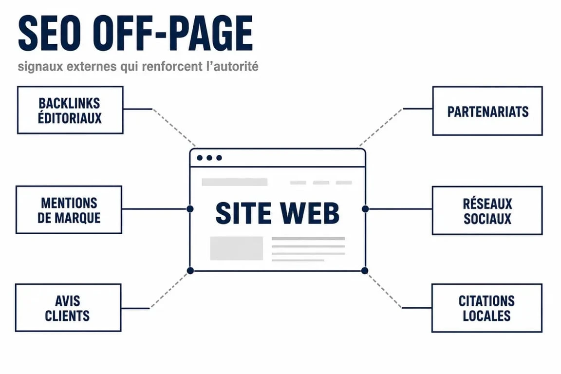 Schéma du off page seo avec backlinks, mentions de marque, avis et partenariats