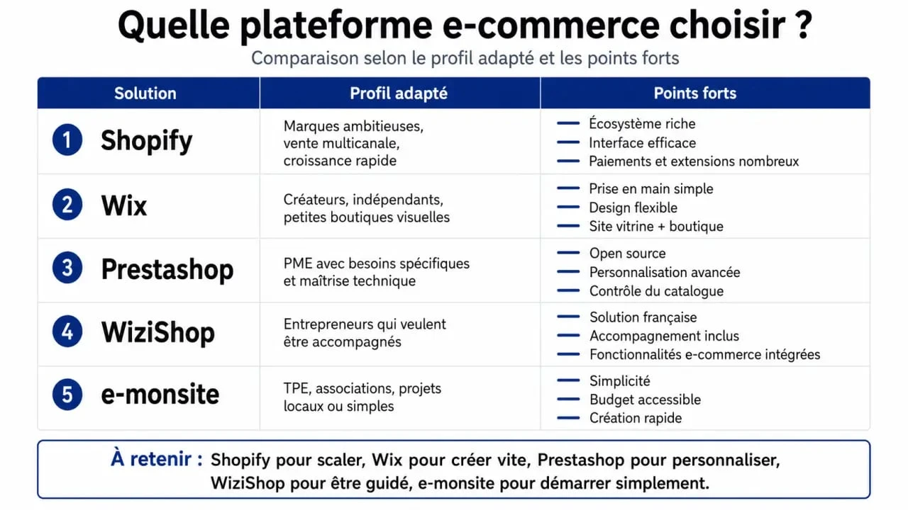 Exemple de boutique en ligne : comparaison visuelle des plateformes Shopify, Wix, Prestashop, WiziShop et e-monsite