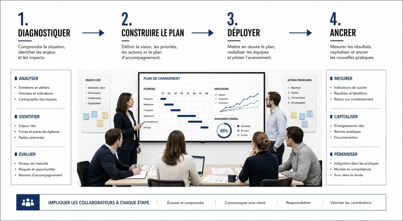 Conduite changement en quatre étapes de transformation organisationnelle