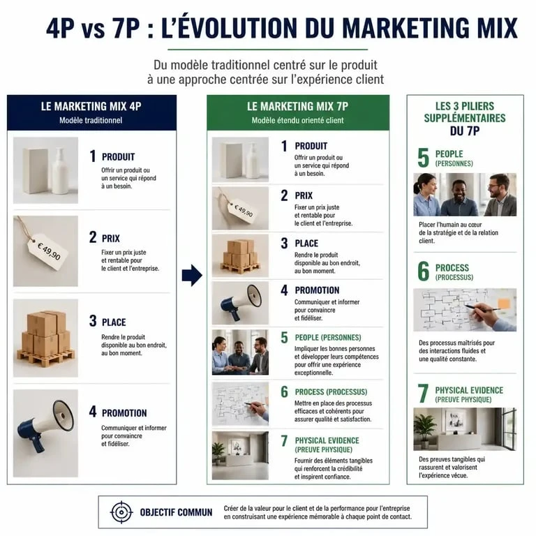 Infographie comparative du mix marketing 4P et 7P