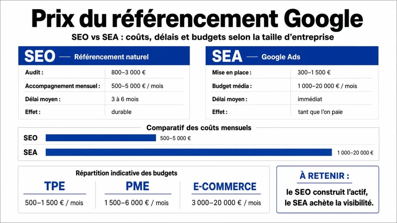 Prix référencement google : comparaison visuelle des budgets SEO et SEA avec fourchettes de tarifs
