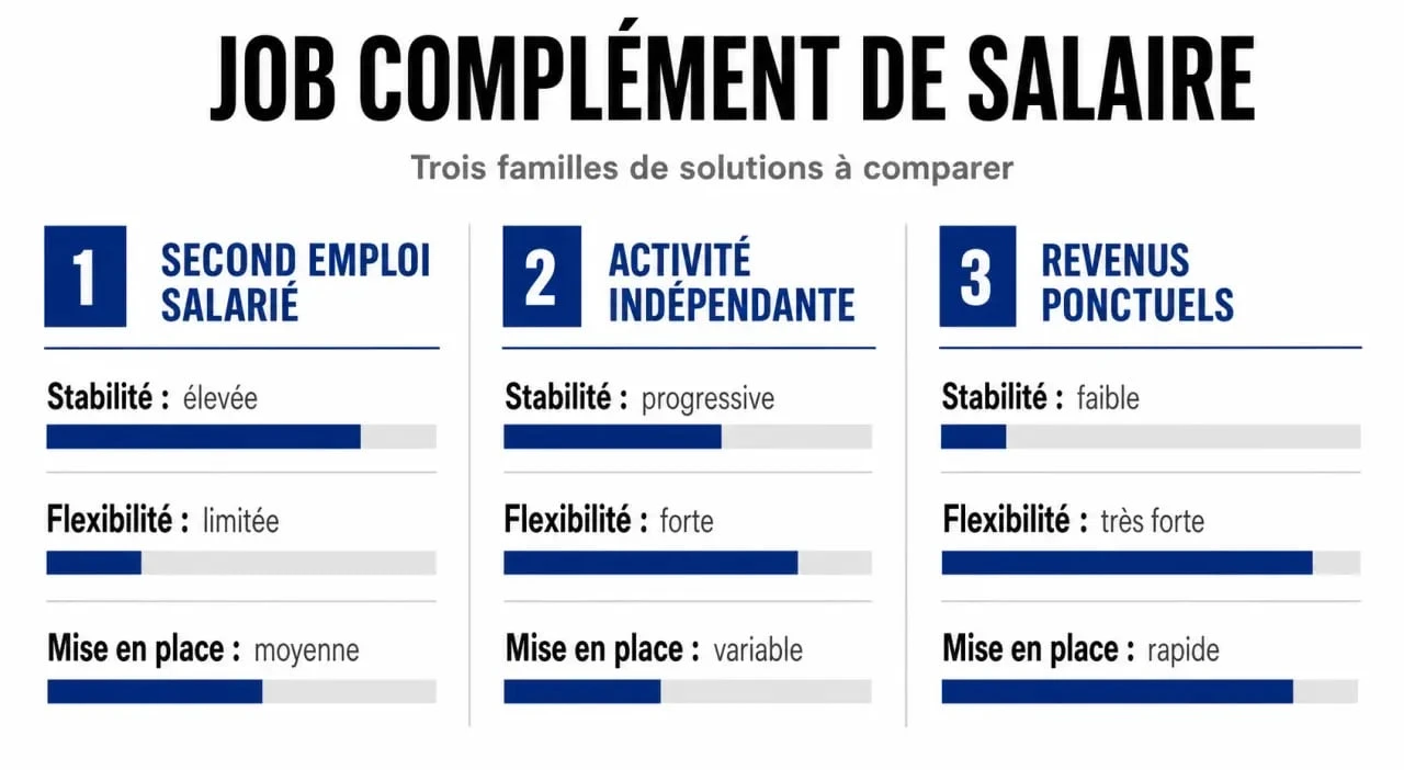 Comparatif visuel des options de job complément de salaire entre second emploi, activité indépendante et revenus ponctuels