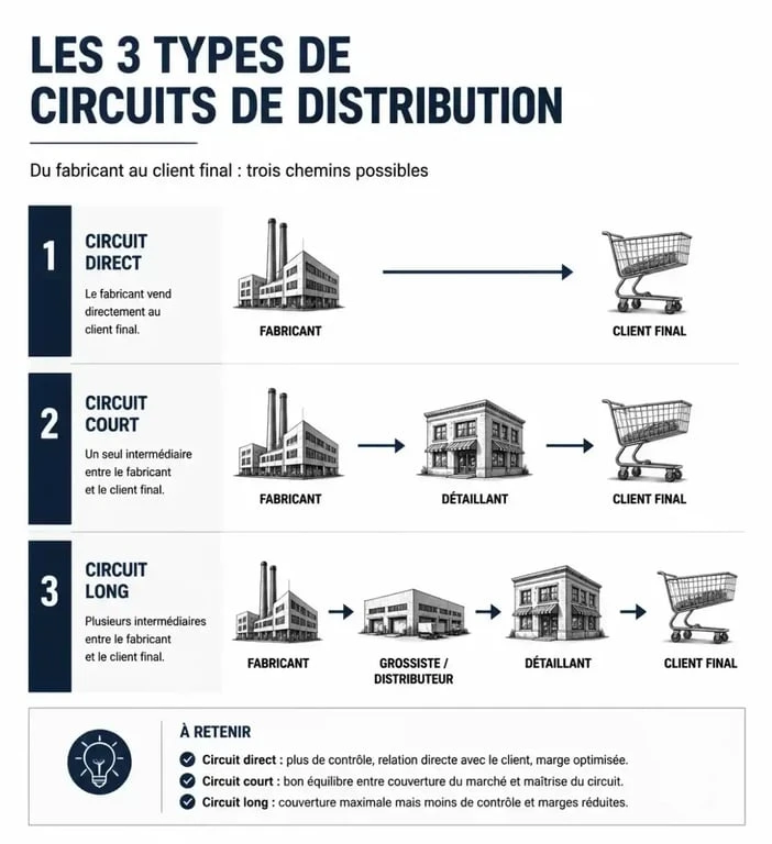Schéma comparatif des circuits de la stratégie de distribution : direct, court et long
