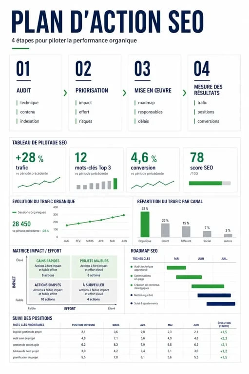 Plan d'action SEO illustré en 4 étapes avec audit, priorisation, mise en œuvre et mesure des résultats