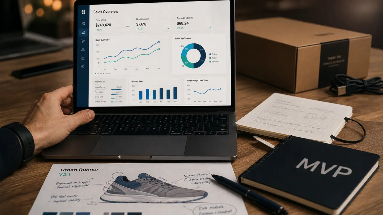 Lancer un business en ligne sans stock : tableau de ventes et MVP sur un bureau