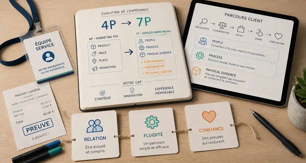Mix marketing 7P : People Process Physical Evidence, expérience de service