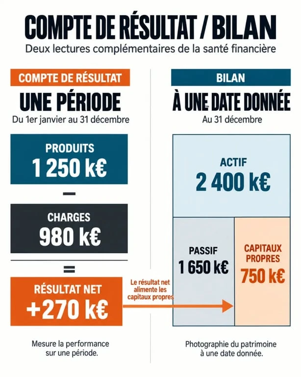 Infographie comparative du compte de résultat et du bilan avec actif, passif, produits, charges et résultat net