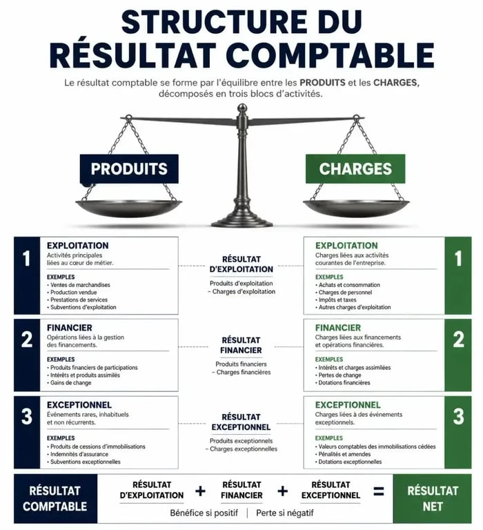 Infographie explicative du calcul du résultat comptable et ses trois composantes