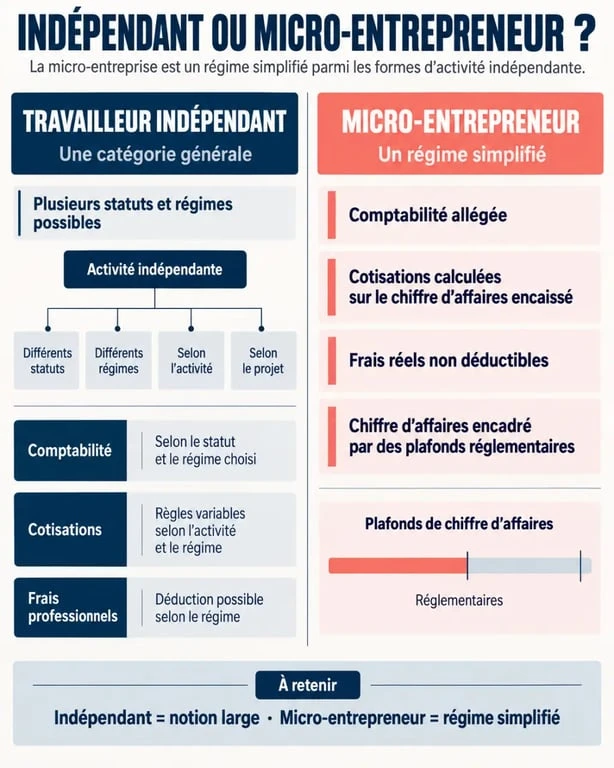Infographie comparative travailleur indépendant ou auto entrepreneur et différences entre les deux notions