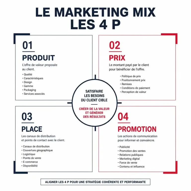 Infographie des 4 P en marketing : Produit, Prix, Place, Promotion