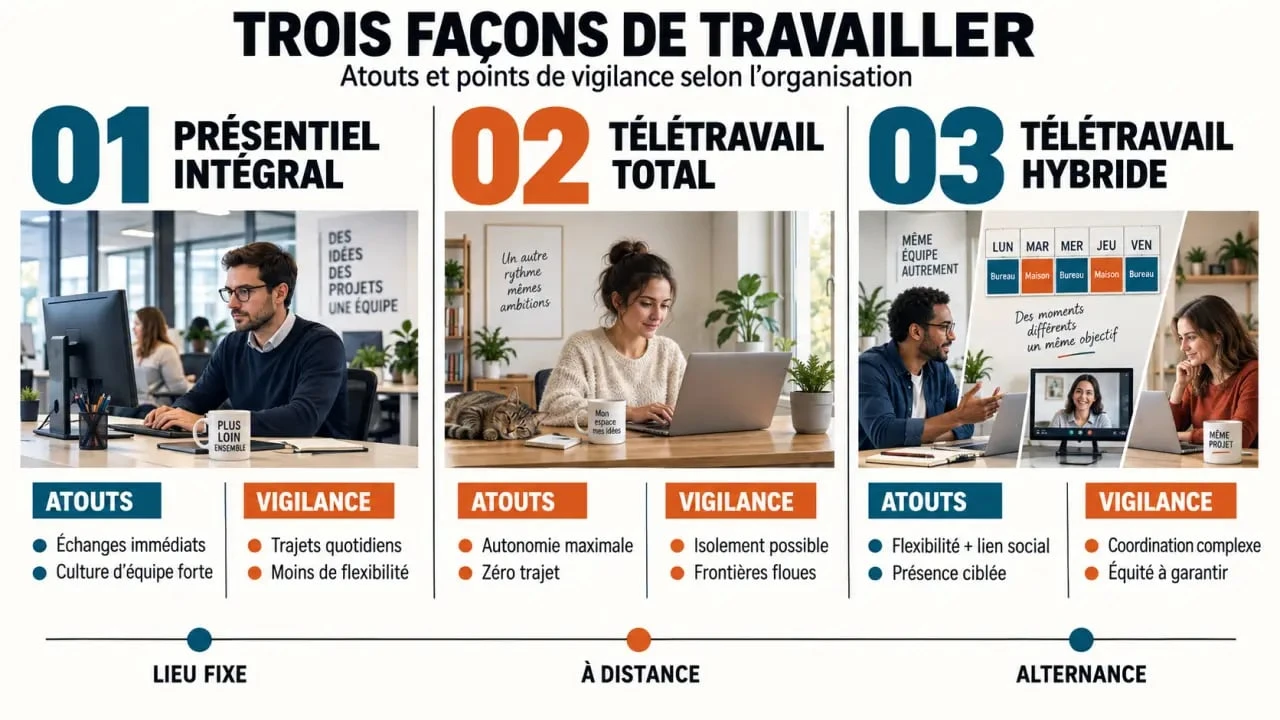Infographie sur la définition du télétravail hybride et ses différences avec le présentiel et le télétravail total