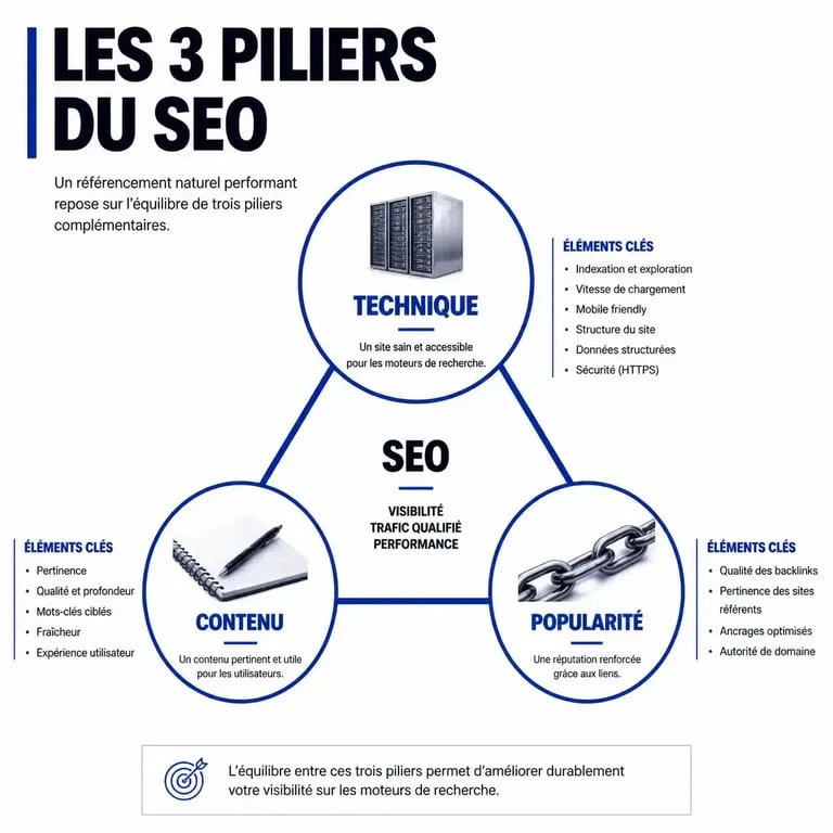 Infographie des trois piliers du SEO pour apprendre le référencement naturel