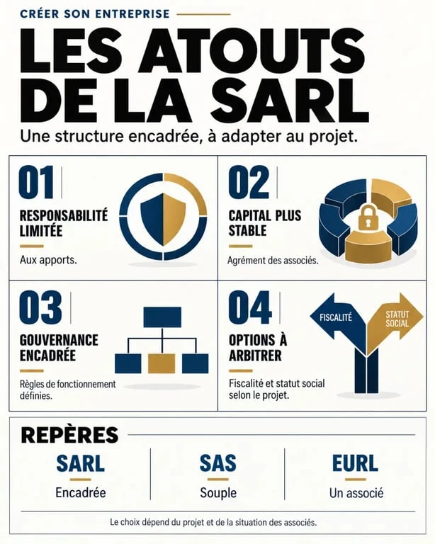 Infographie sur les avantages de la SARL et sa comparaison avec la SAS et l'EURL