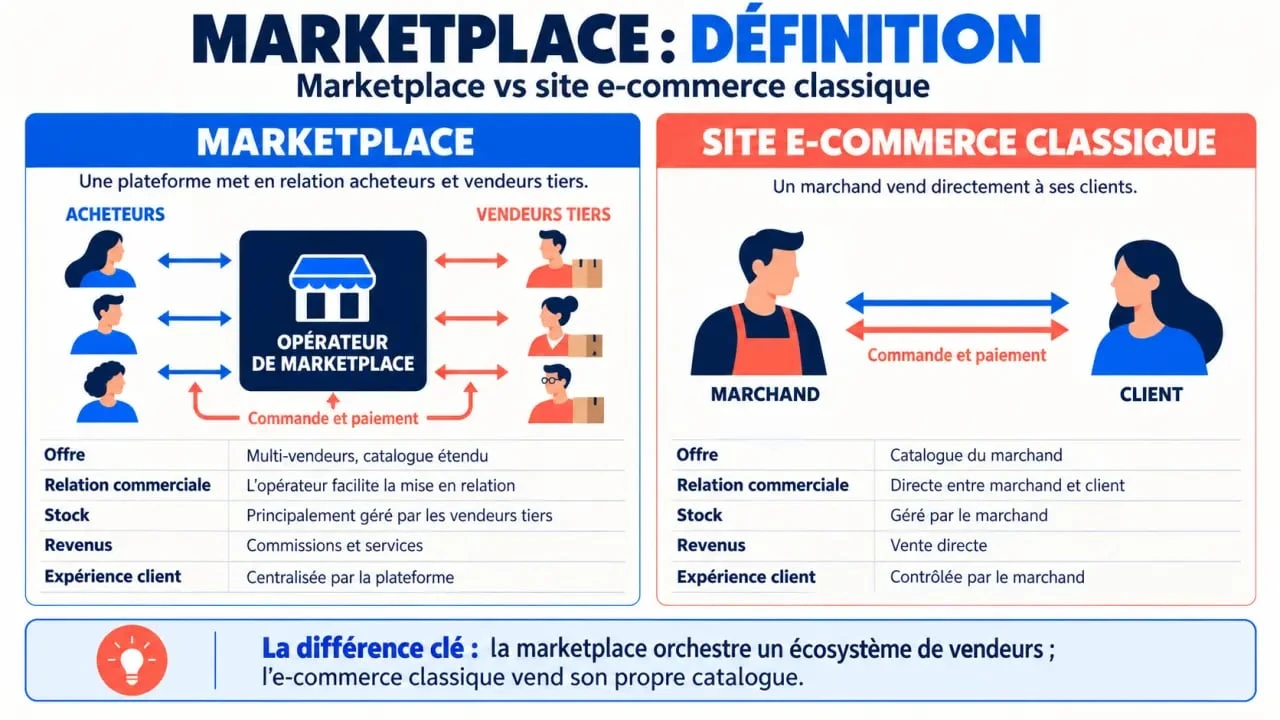 Marketplace définition : comparaison visuelle entre marketplace et e-commerce classique