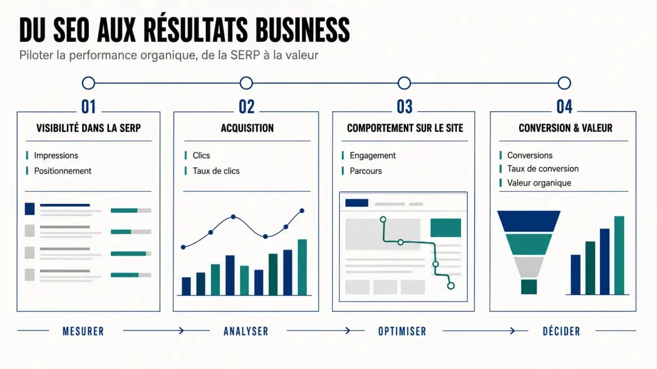 Infographie des principaux KPI SEO, de la visibilité organique aux conversions et au revenu