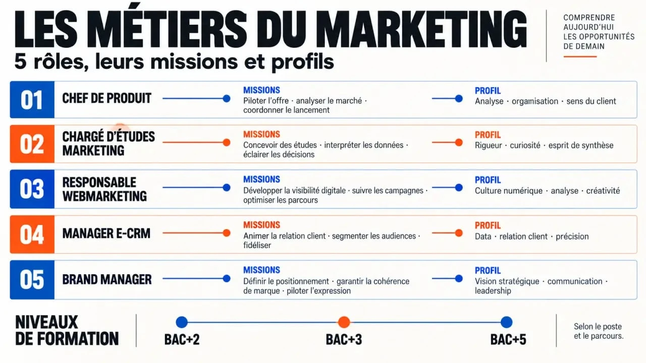 Infographie sur le travail marketing, les métiers, les missions et les niveaux d’études