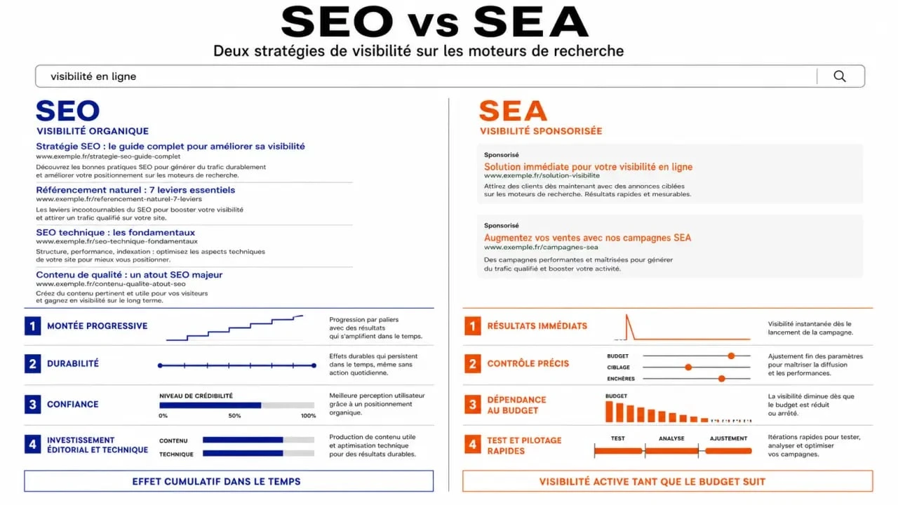 SEO vs SEA : comparaison visuelle du référencement naturel et du référencement payant