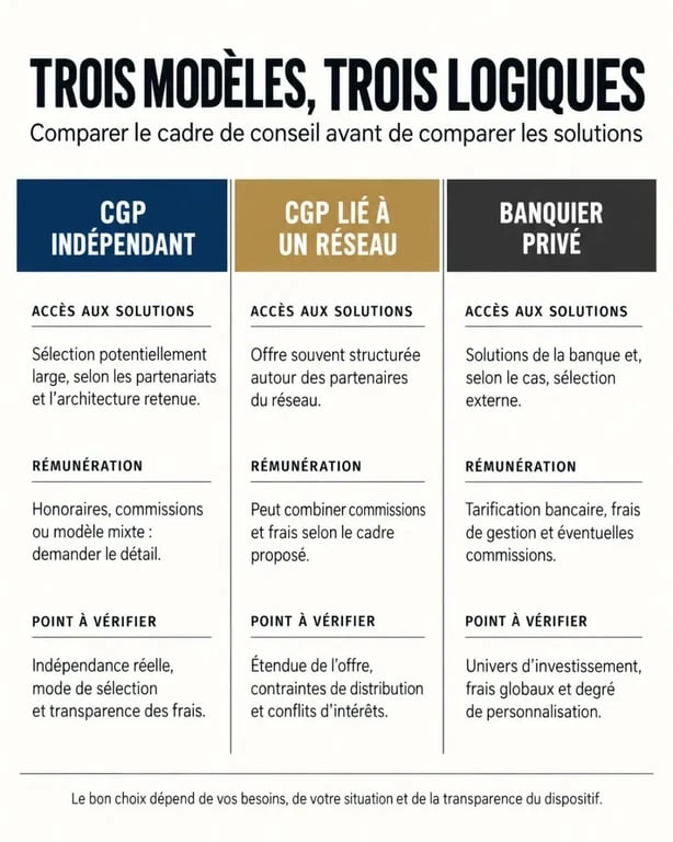 Conseiller en gestion de patrimoine indépendant comparé au CGP lié à un réseau et au banquier privé