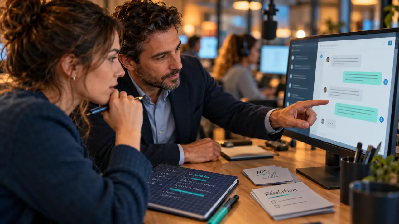 Coach service client : manager et conseiller cadrant un échange client