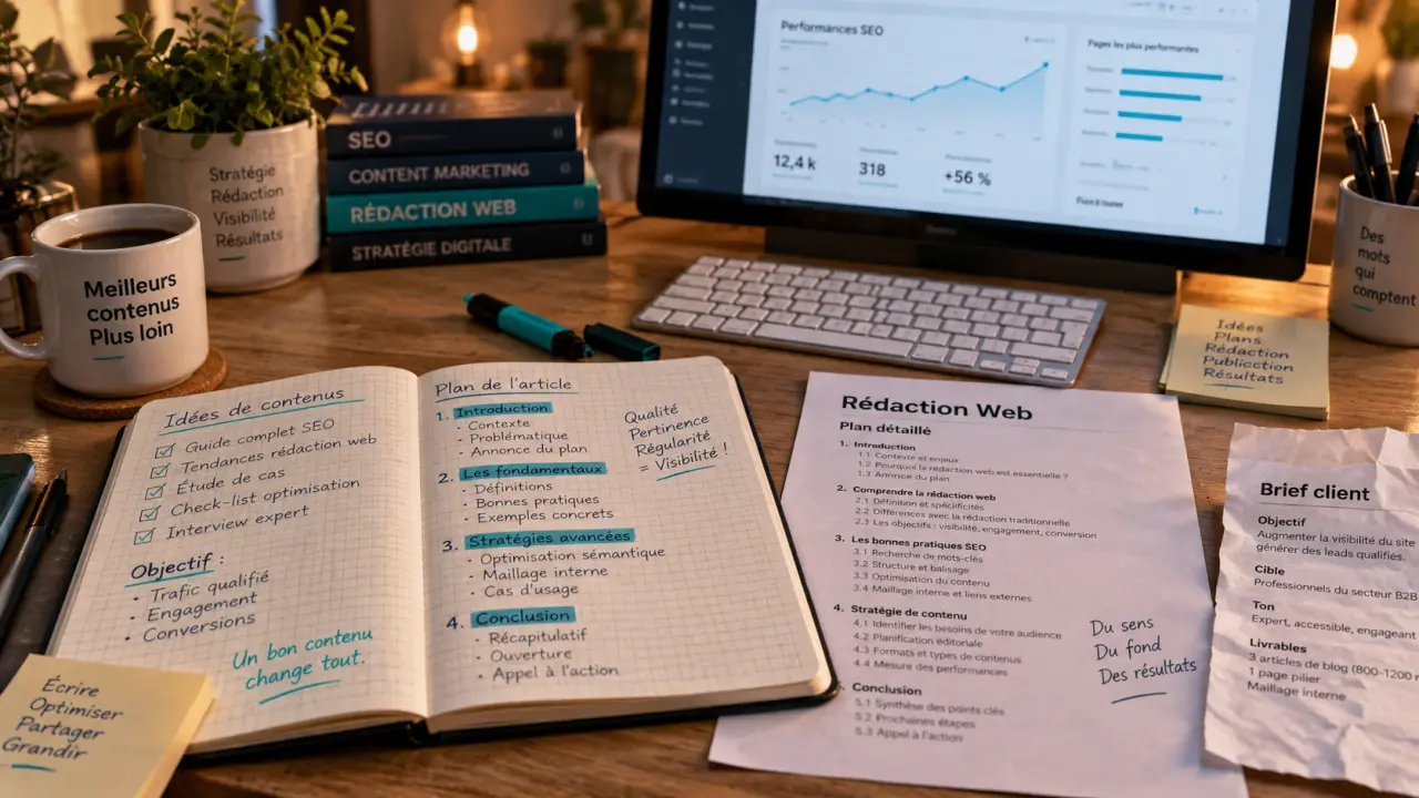 Comment devenir rédacteur web : bureau SEO, carnet et plan de rédaction web